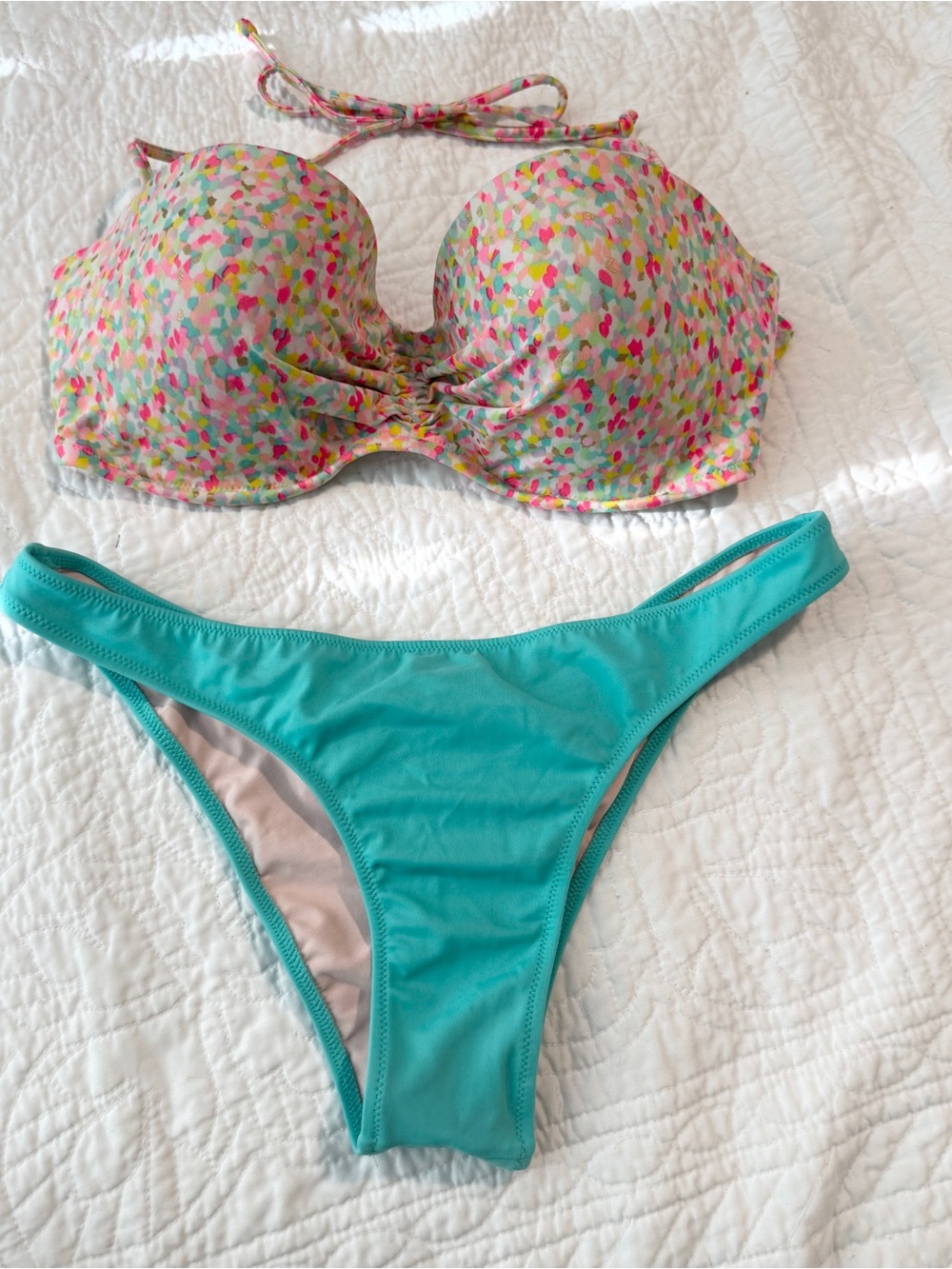 Victoria’s Secret Confetti Print/Aqua Bikini Set - 34DD Top, M Cheeky Bottom